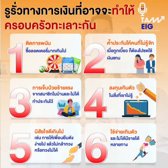 1.ติดการพนัน ซื้อลอตเตอรี่มากเกินไป 2.ค้ำประกันให้คนที่ไม่รู้จัก เมื่อถูกเบี้ยว ก็ต้องไปชดใช้เงินแทน 3.การเจ็บป่วยร้ายแรงจากสมาชิกในบ้านและไม่ได้ทำประกันไว้ 4.ลงทุนเกินตัวในสิ่งที่เราไม่รู้ 5.นิสัยใจดีเกินไป เช่น การให้เพื่อนยืมตังง่ายไป แล้วไม่กล้าทวง หรือทวงไม่ได้ 6.ใช้จ่ายเกินตัว และไม่ได้มีรายได้หลายทาง