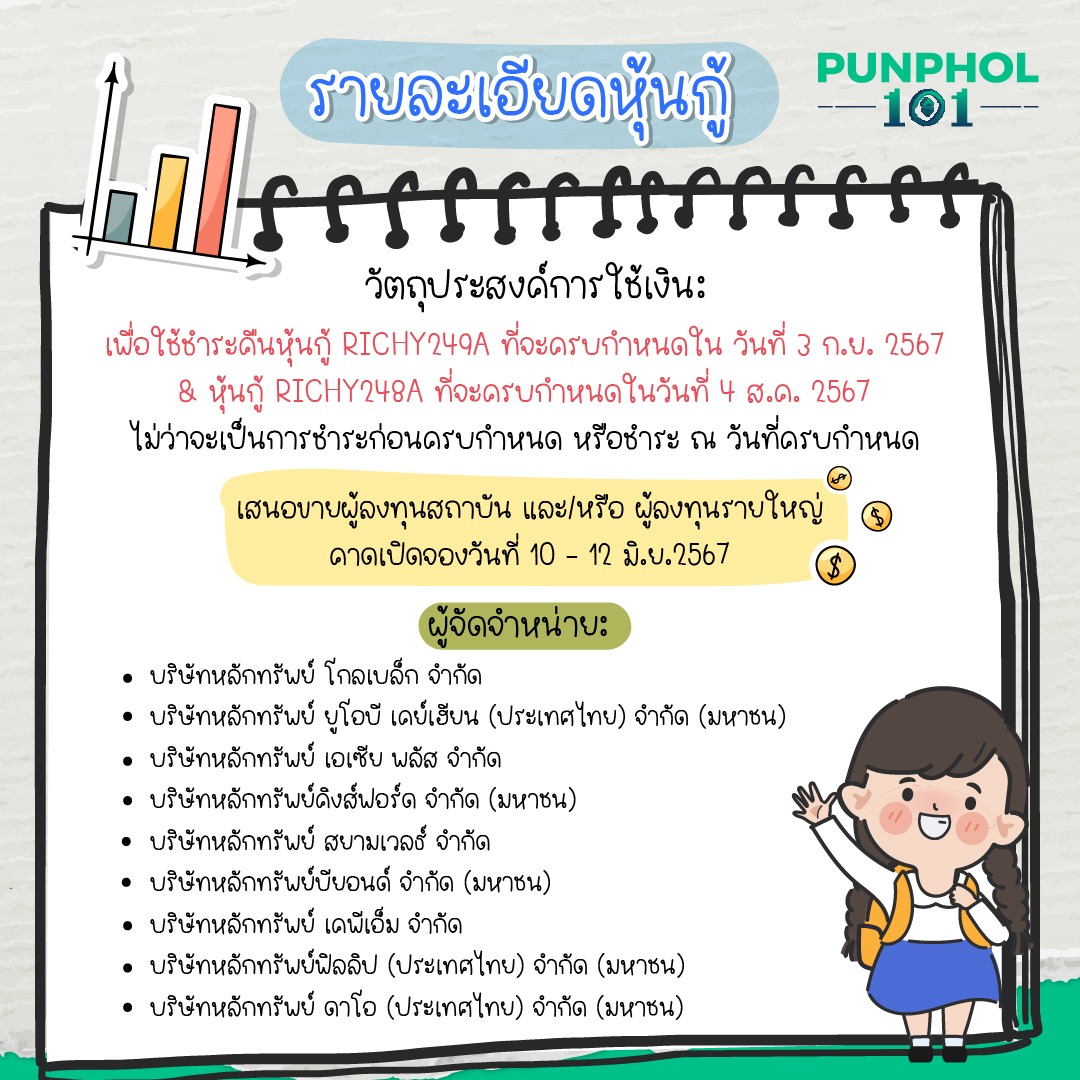 รายละเอียดหุ้นกู้ วัตถุประสงค์การใช้เงิน: เพื่อใช้ชำระคืนหุ้นกู้ RICHY249A ที่จะครบกำหนดในวันที่ 3 ก.ย. 2567 & หุ้นกู้ RICHY248A ที่จะครบกำหนดในวันที่ 4 ส.ค. 2567 ไม่ว่าจะเป็นการชำระก่อนครบกำหนดหรือชำระ ณ วันที่ครบกำหนด เสนอขายผู้ลงทุนสถาบัน และ/หรือ ผู้ลงทุนรายใหญ่ คาดเปิดจองวันที่ 10 - 12 มิ.ย.2567 ผู้จัดจำหน่าย: - บริษัทหลักทรัพย์ โกลเบล็ก จำกัด - บริษัทหลักทรัพย์ ยูโอบี เคย์เฮียน (ประเทศไทย) จำกัด (มหาชน) - บริษัทหลักทรัพย์ เอเซีย พลัส จำกัด - บริษัทหลักทรัพย์คิงส์ฟอร์ด จำกัด (มหาชน) - บริษัทหลักทรัพย์ สยามเวลธ์ จำกัด - บริษัทหลักทรัพย์บียอนด์ จำกัด (มหาชน) - บริษัทหลักทรัพย์ เคพีเอ็ม จำกัด - บริษัทหลักทรัพย์ฟิลลิป (ประเทศไทย) จำกัด (มหาชน) - บริษัทหลักทรัพย์ ดาโอ (ประเทศไทย) จำกัด (มหาชน)