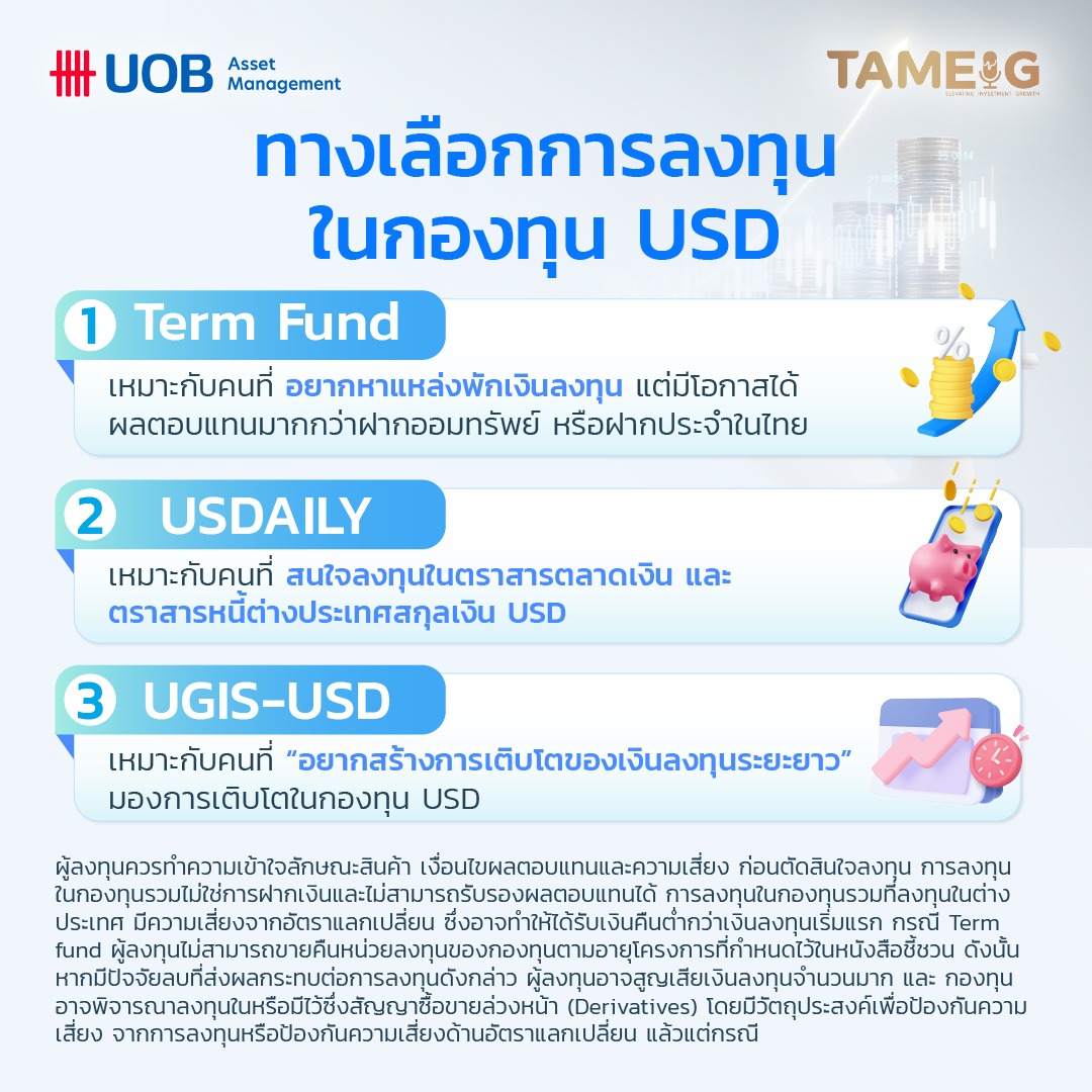 3 ทางเลือกการลงทุนในกองทุน USD จาก UOBAM​⁣ ​⁣ 1.Term Fund: เหมาะกับคนที่อยากหาแหล่งพักเงินลงทุน แต่มีโอกาสได้ผลตอบแทนมากกว่าฝากออมทรัพย์ หรือฝากประจำในไทย​⁣ ​⁣ 2. USDAILY: เหมาะกับคนที่สนใจลงทุนในตราสารตลาดเงิน และตราสารหนี้ต่างประเทศสกุลเงิน USD​⁣ ​⁣ 3. UGIS-USD: เหมาะกับคนที่ “อยากสร้างการเติบโตของเงินลงทุนระยะยาว” มองการเติบโตในกองทุน USD​⁣ ⁣ ผู้ลงทุนควรทำความเข้าใจลักษณะสินค้า เงื่อนไขผลตอบแทนและความเสี่ยง ก่อนตัดสินใจลงทุน การลงทุนในกองทุนรวมไม่ใช่การฝากเงินและไม่สามารถรับรองผลตอบแทนได้ การลงทุนในกองทุนรวมที่ลงทุนในต่างประเทศมีความเสี่ยงจากอัตราแลกเปลี่ยน ซึ่งอาจทําให้ได้รับเงินคืนตํ่ากว่าเงินลงทุนเริ่มแรก กรณี Term fund ผู้ลงทุนไม่สามารถขายคืนหน่วยลงทุนของกองทุนตามอายุโครงการที่กำหนดไว้ในหนังสือชี้ชวน ดังนั้น หากมีปัจจัยลบที่ส่งผลกระทบต่อการลงทุนดังกล่าว ผู้ลงทุนอาจสูญเสียเงินลงทุนจำนวนมาก และ กองทุนอาจพิจารณาลงทุนในหรือมีไว้ซึ่งสัญญาซื้อขายล่วงหน้า (Derivatives) โดยมีวัตถุประสงค์เพื่อป้องกันความเสี่ยงจากการลงทุนหรือป้องกันความเสี่ยงด้านอัตราแลกเปลี่ยน แล้วแต่กรณี⁣⁣